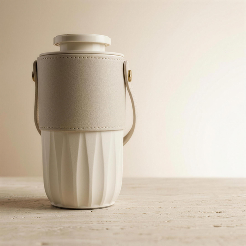 AURA Nomade portable diffuser in off-white ceramic with cream leather sleeve and carry strap