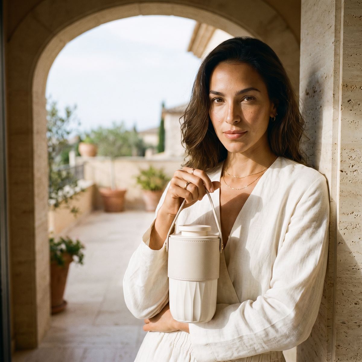 Woman holding the AURA Nomade portable diffuser by its leather strap on a Mediterranean terrace
