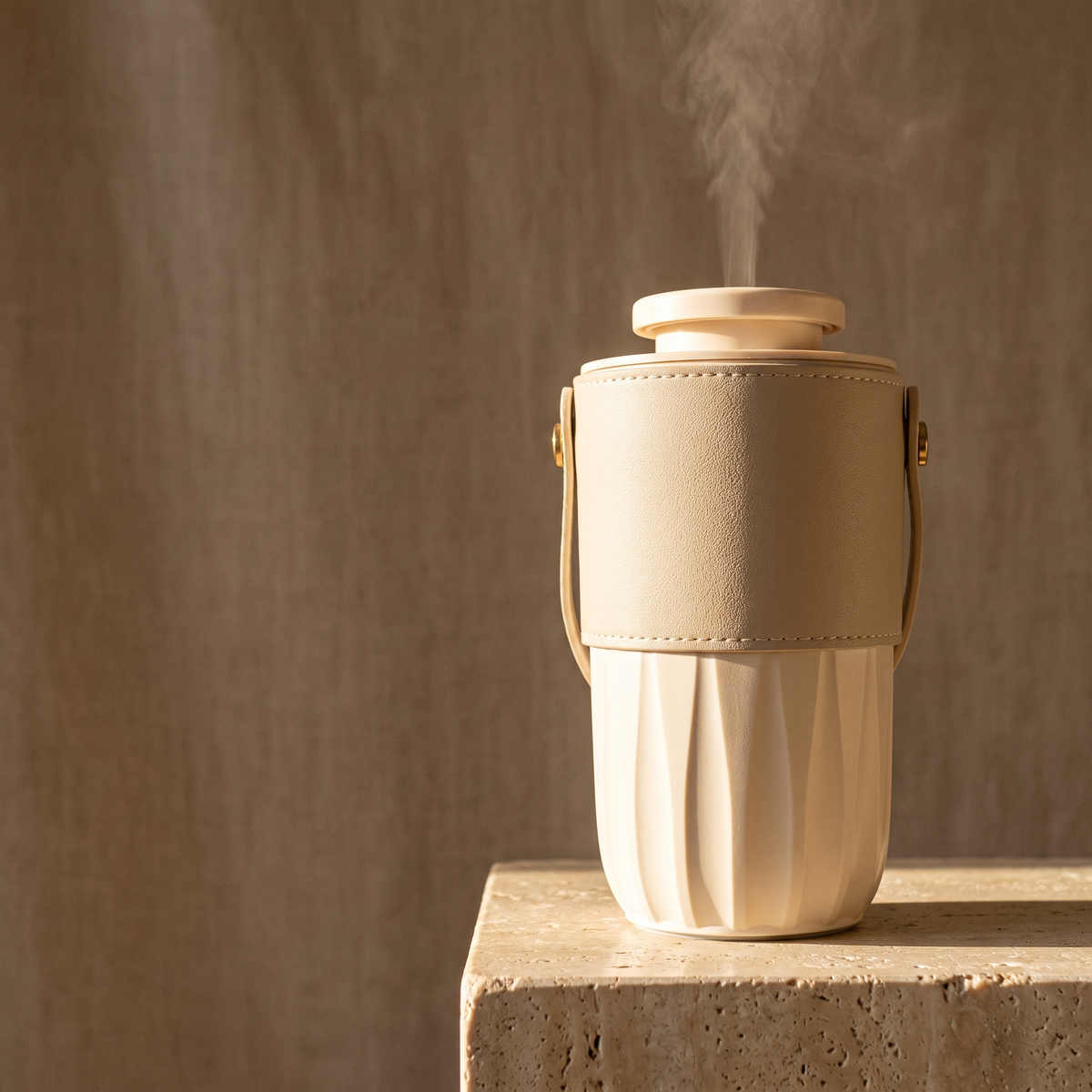AURA Nomade cordless diffuser releasing a fine mist on a travertine plinth