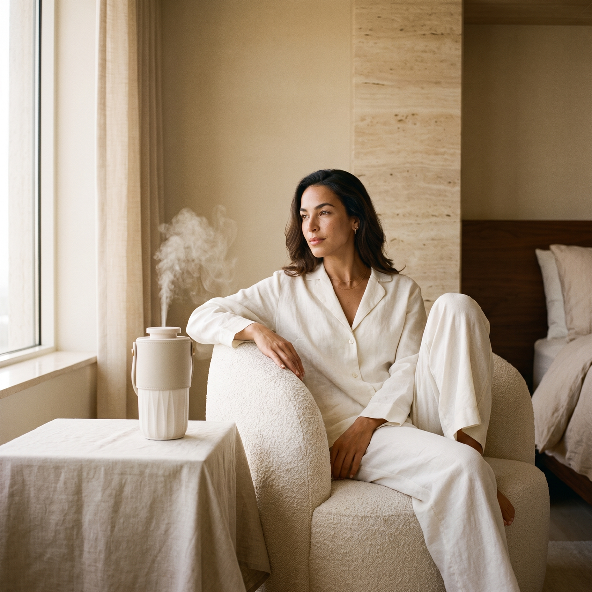 Woman relaxing in a bedroom armchair as the AURA Nomade diffuser mists on the side table