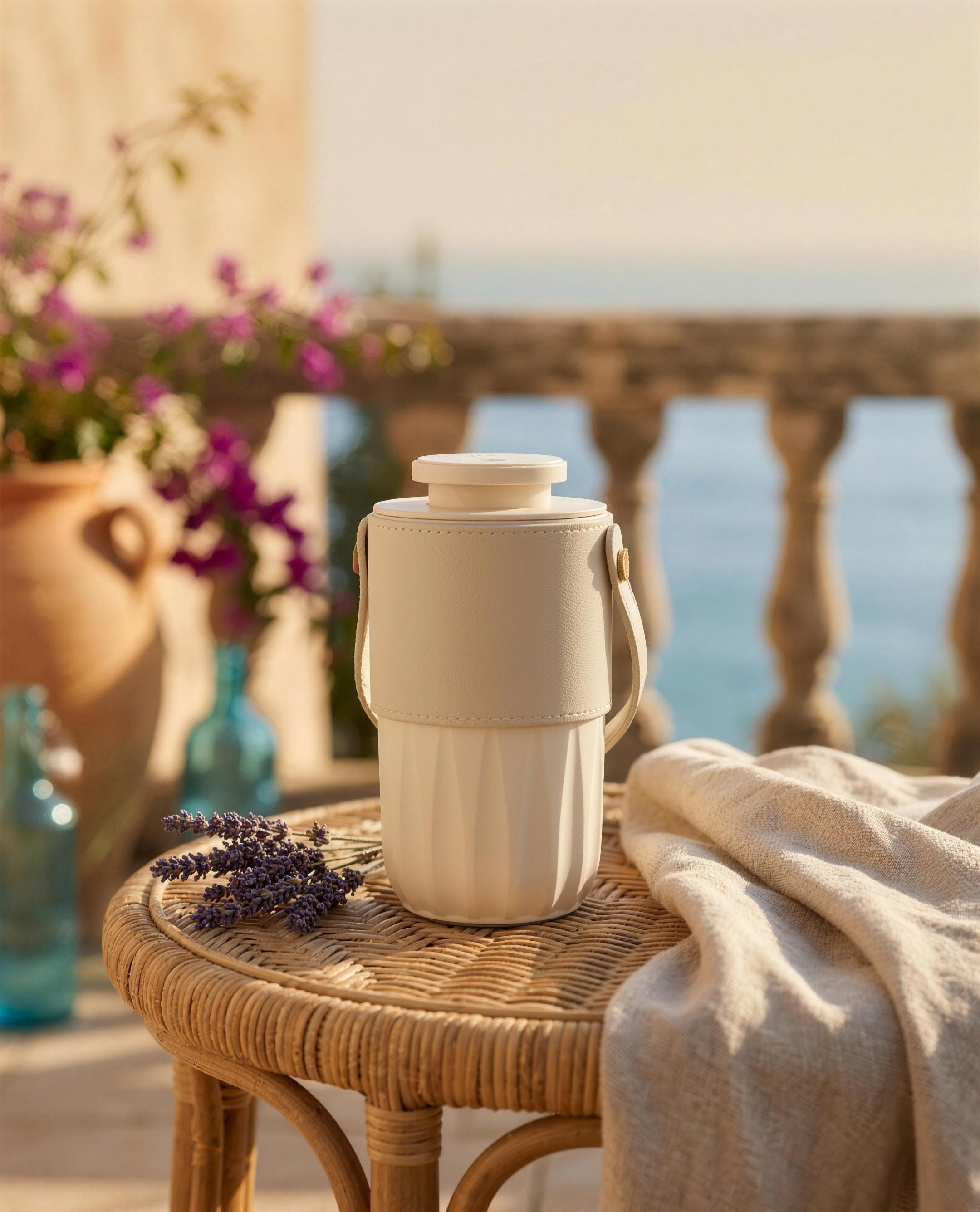 AURA Nomade portable diffuser on a rattan table on a seaside terrace with lavender