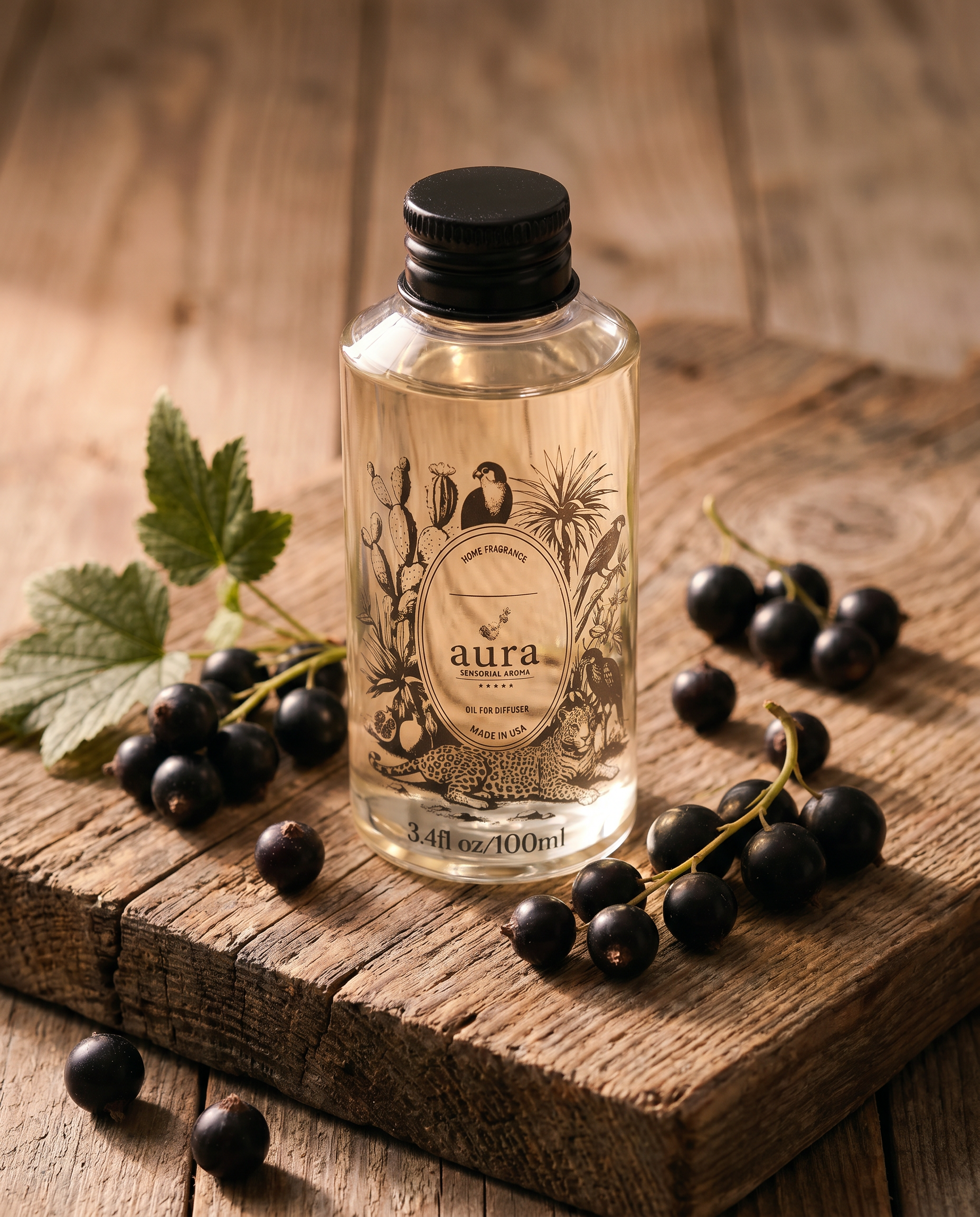 AURA Cassis fragrance oil 100 mL — styled scene 1