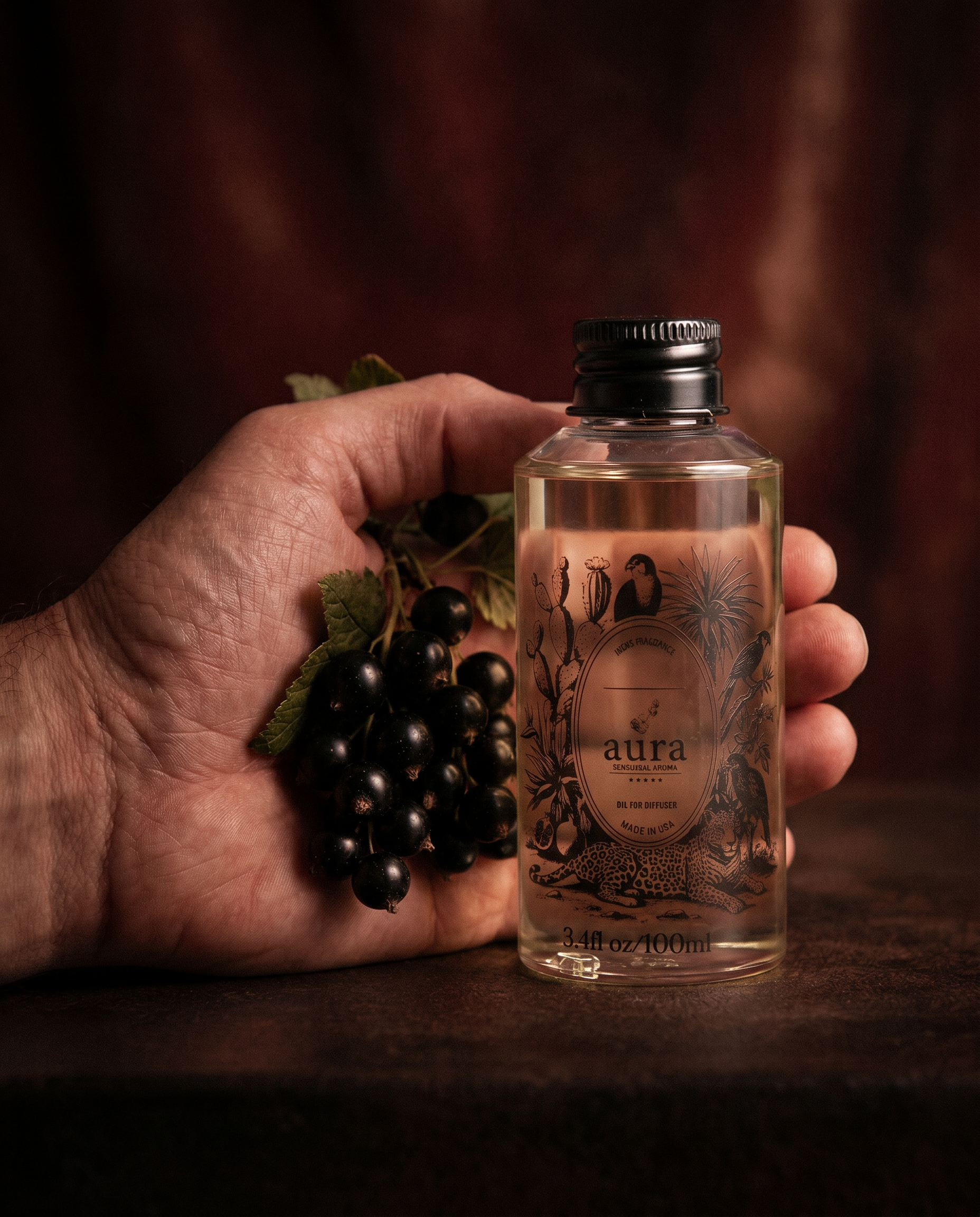 AURA Cassis fragrance oil 100 mL — styled scene 2