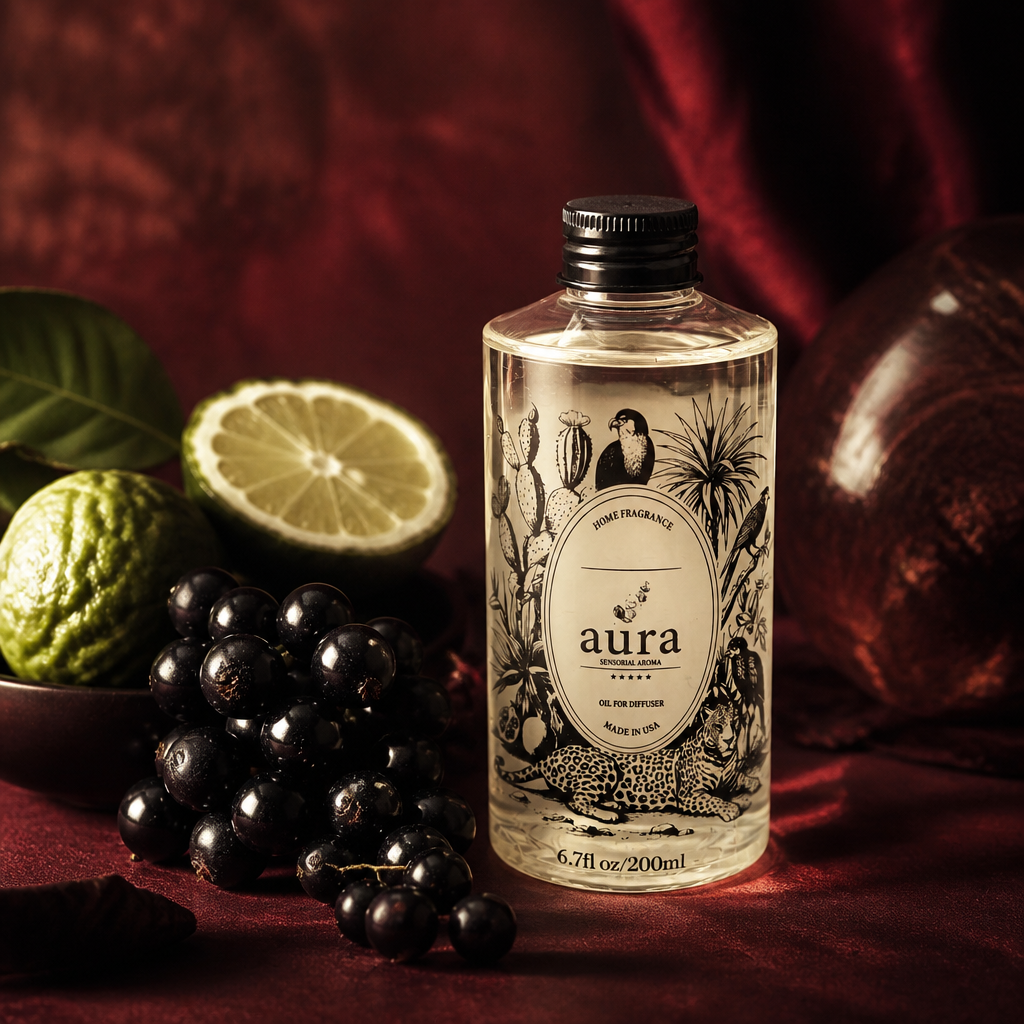 AURA Cassis fragrance oil 200 mL — styled scene 1