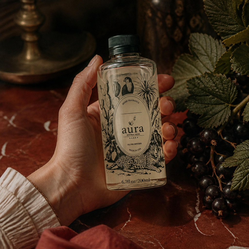 AURA Cassis fragrance oil 200 mL — styled scene 2