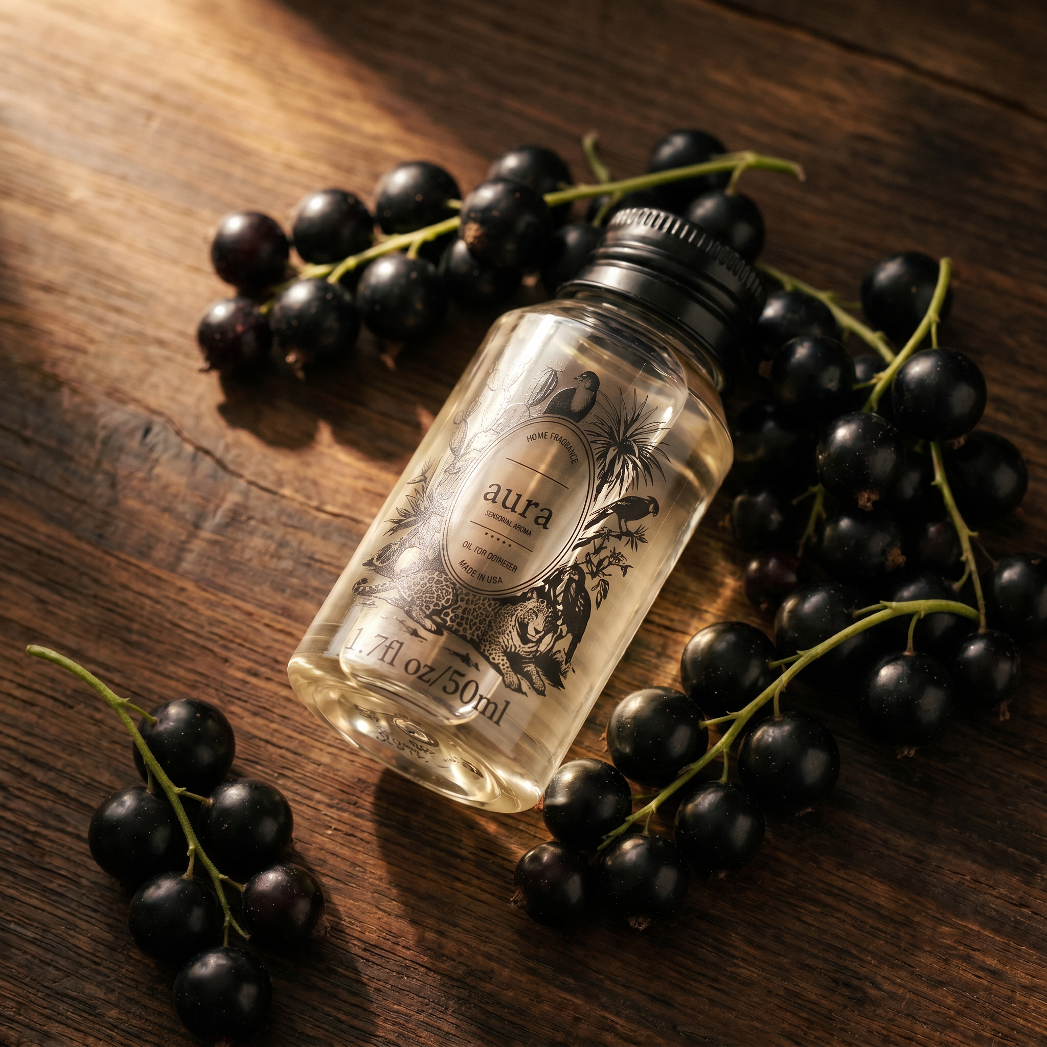 AURA Cassis fragrance oil 50 mL — styled scene 1