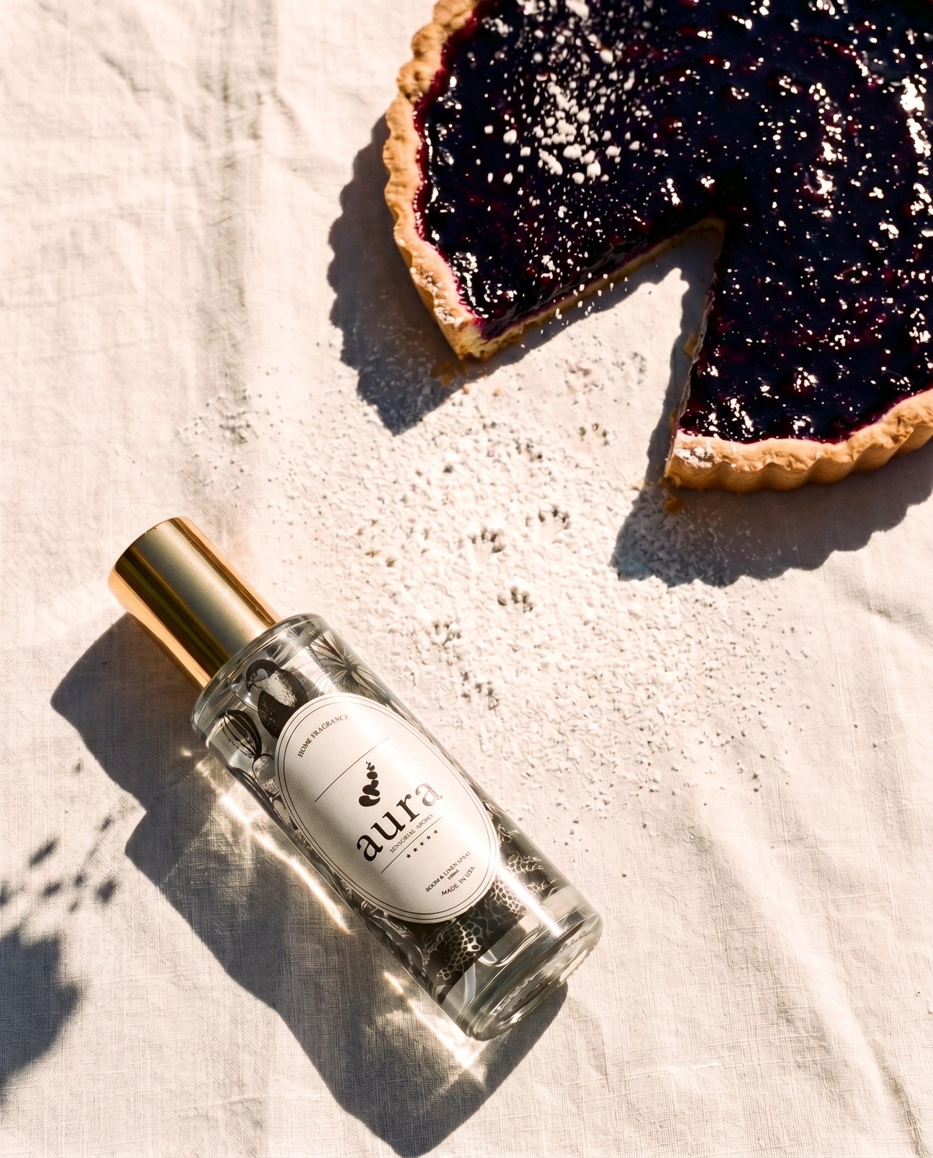 Cassis Room & Linen Spray — styled still life