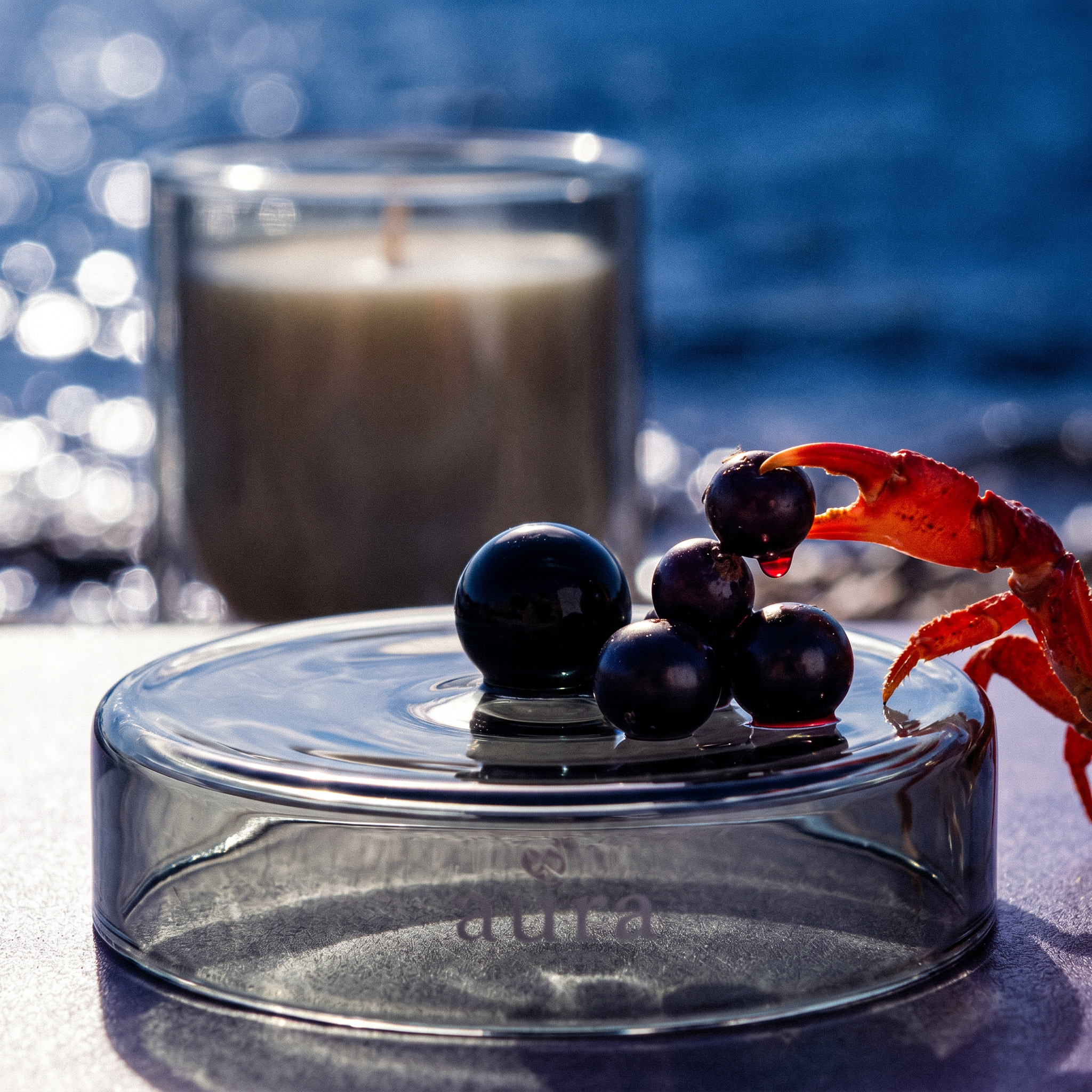 Cassis scented candle lit - warm editorial still life