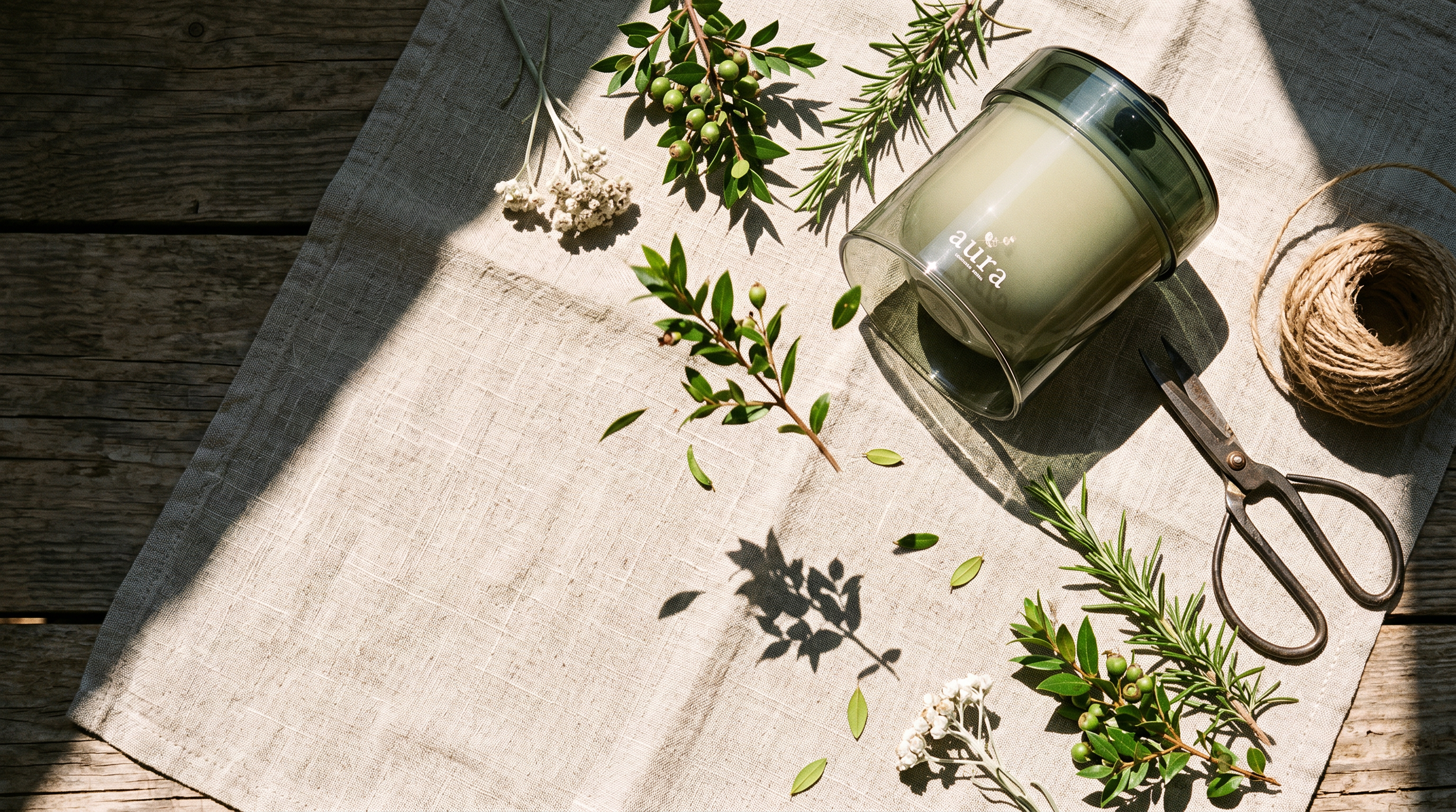 Corsica scented candle lit - Corsican maquis editorial still life