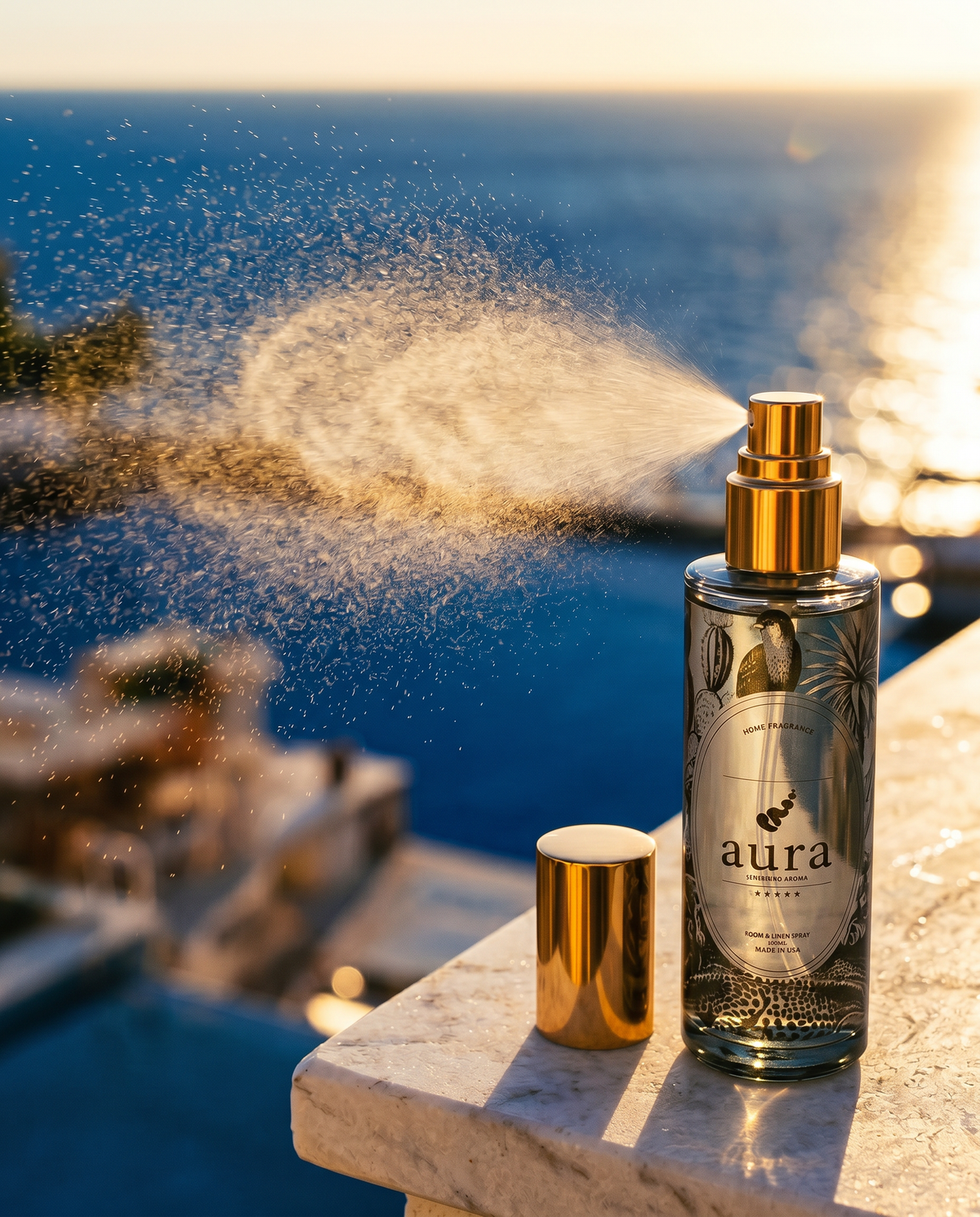 Monaco Room & Linen Spray — styled still life