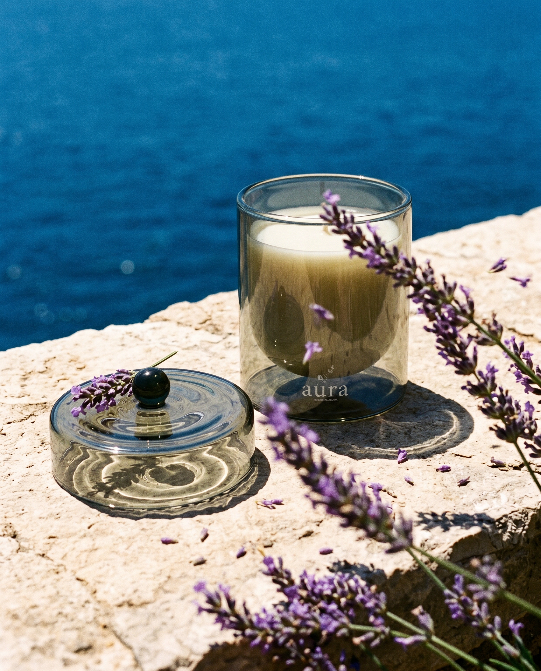 Provence scented candle lit - lavender editorial still life