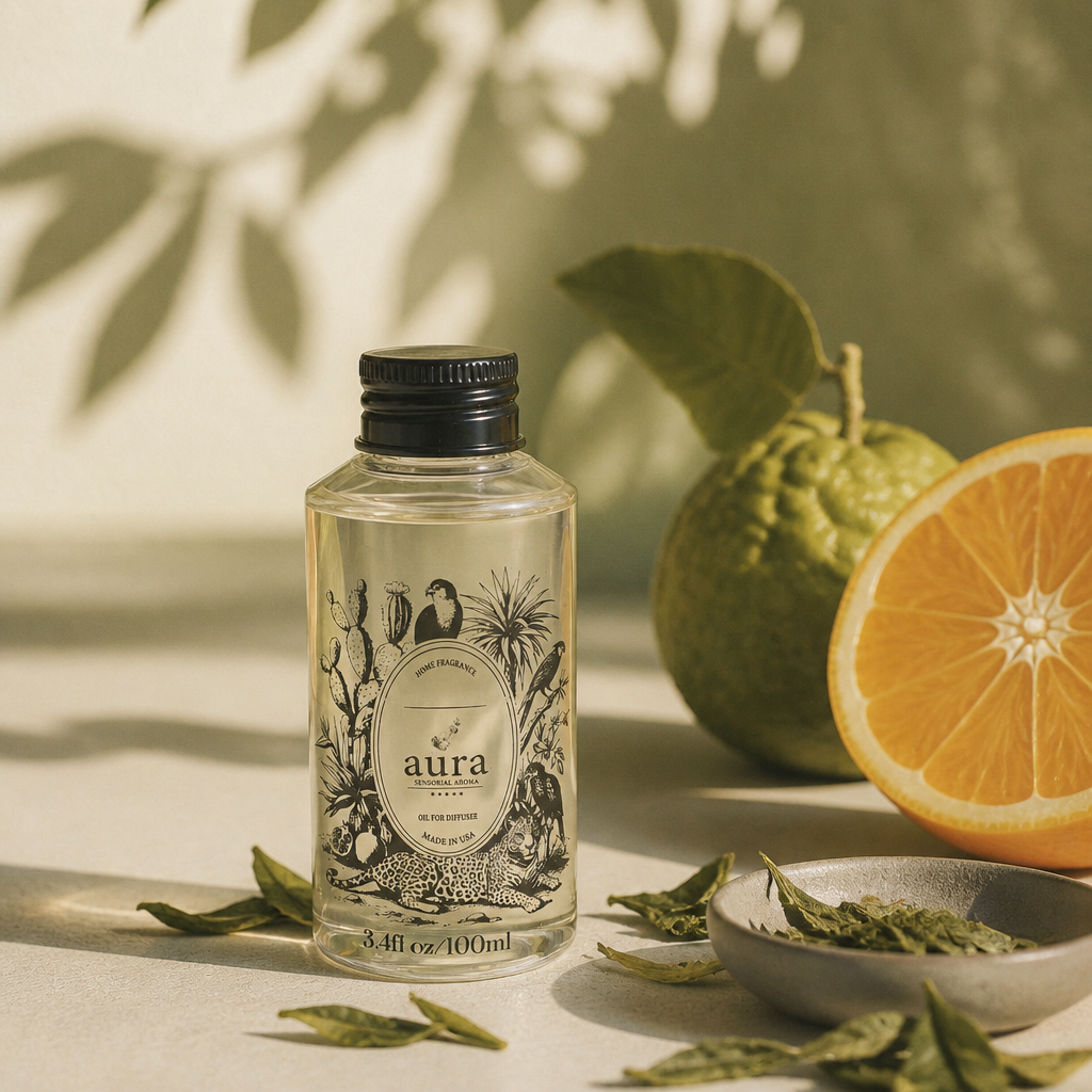 AURA Saint Tropez fragrance oil 100 mL — styled scene 1