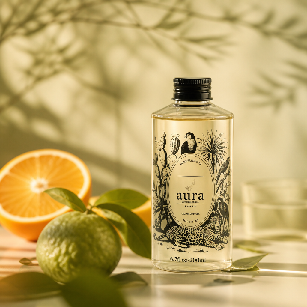 AURA Saint Tropez fragrance oil 200 mL — styled scene 1