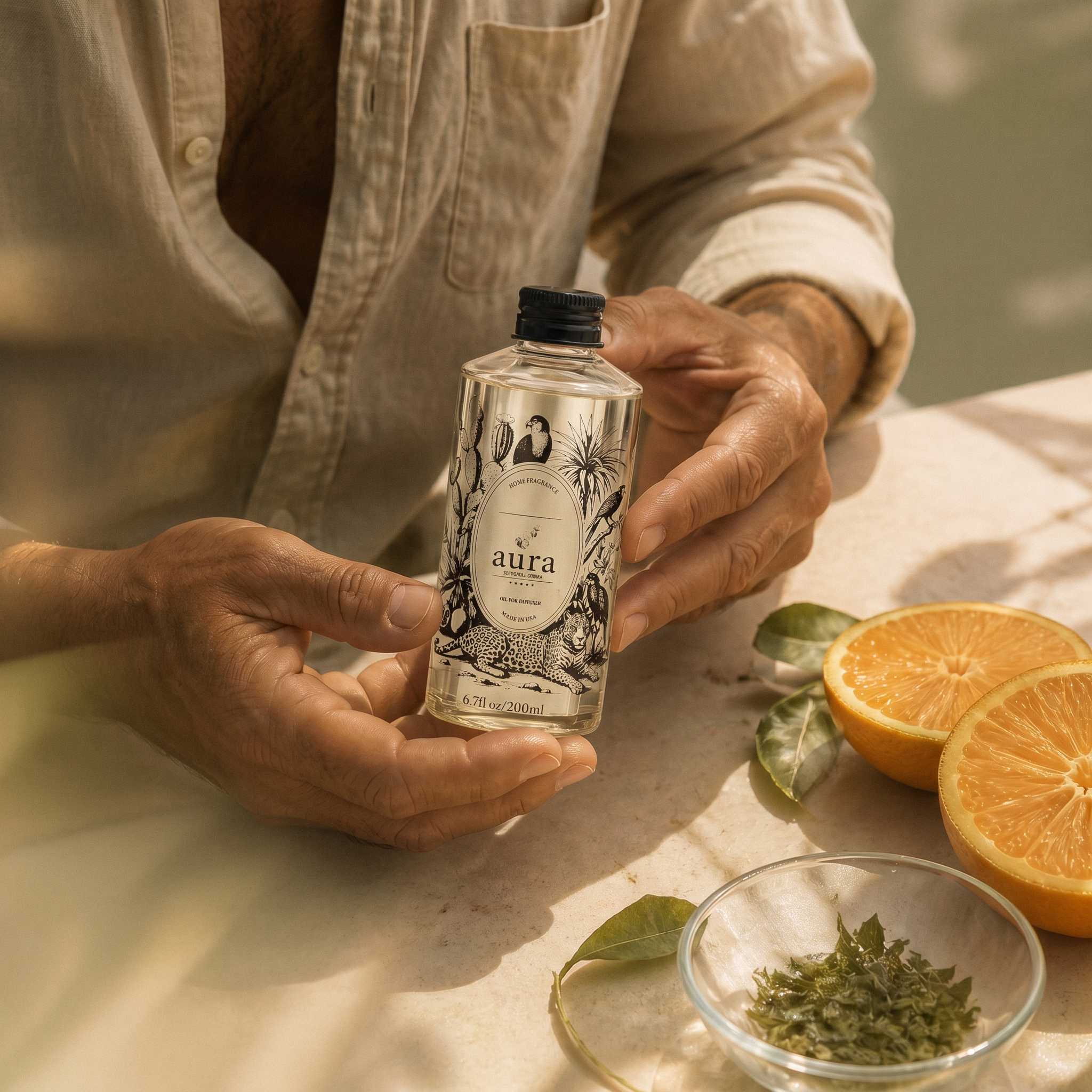 AURA Saint Tropez fragrance oil 200 mL — styled scene 2
