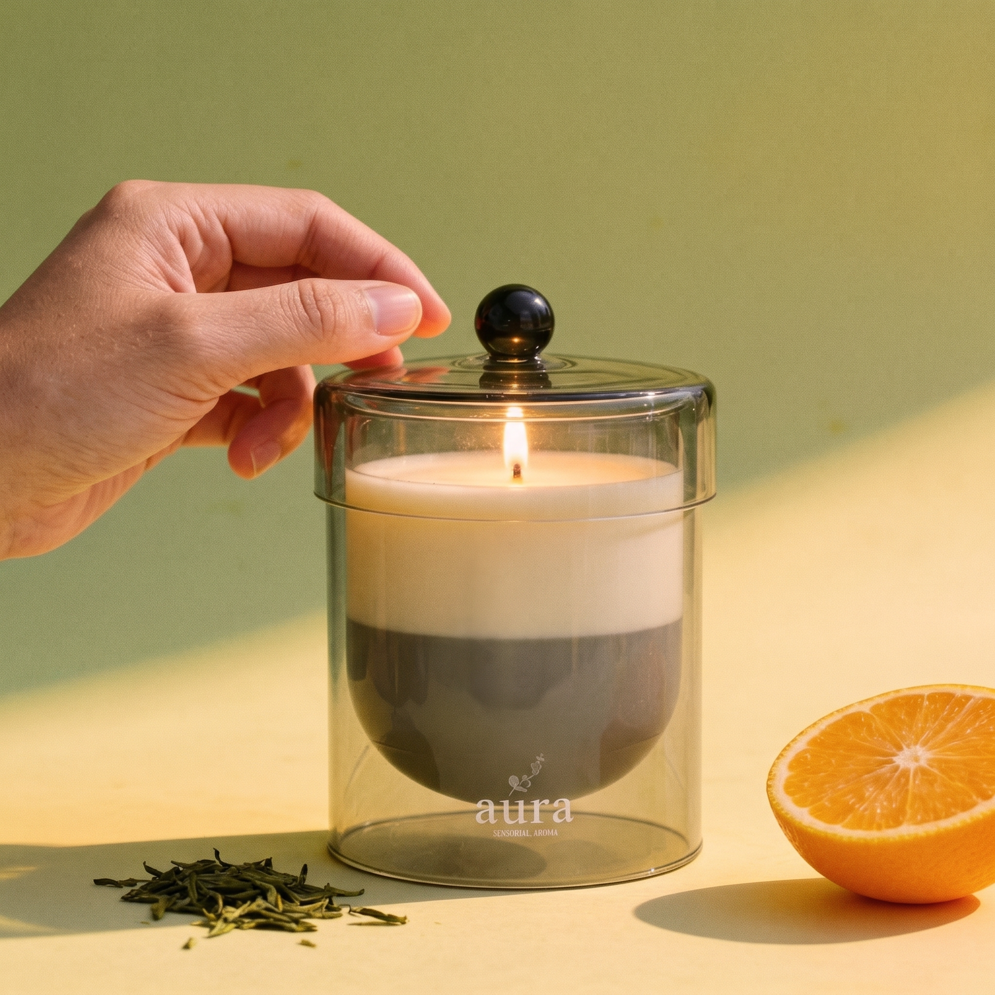 Saint Tropez scented candle lit - Riviera editorial still life