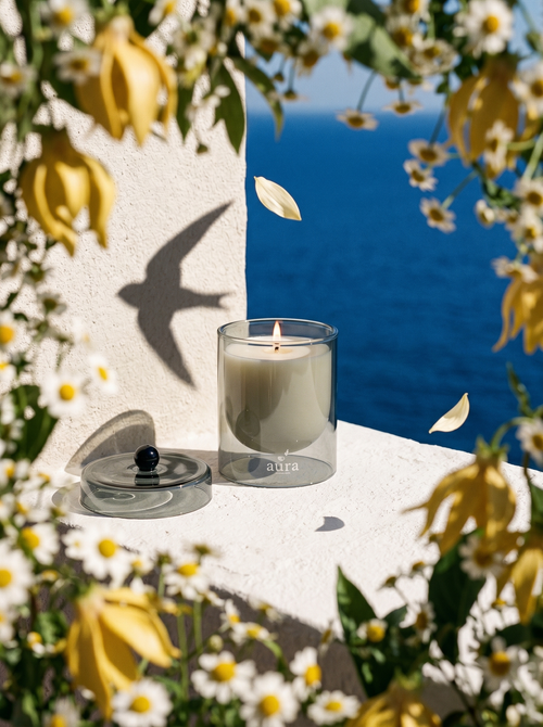 Bella scented candle styled in an Italian coastal interior