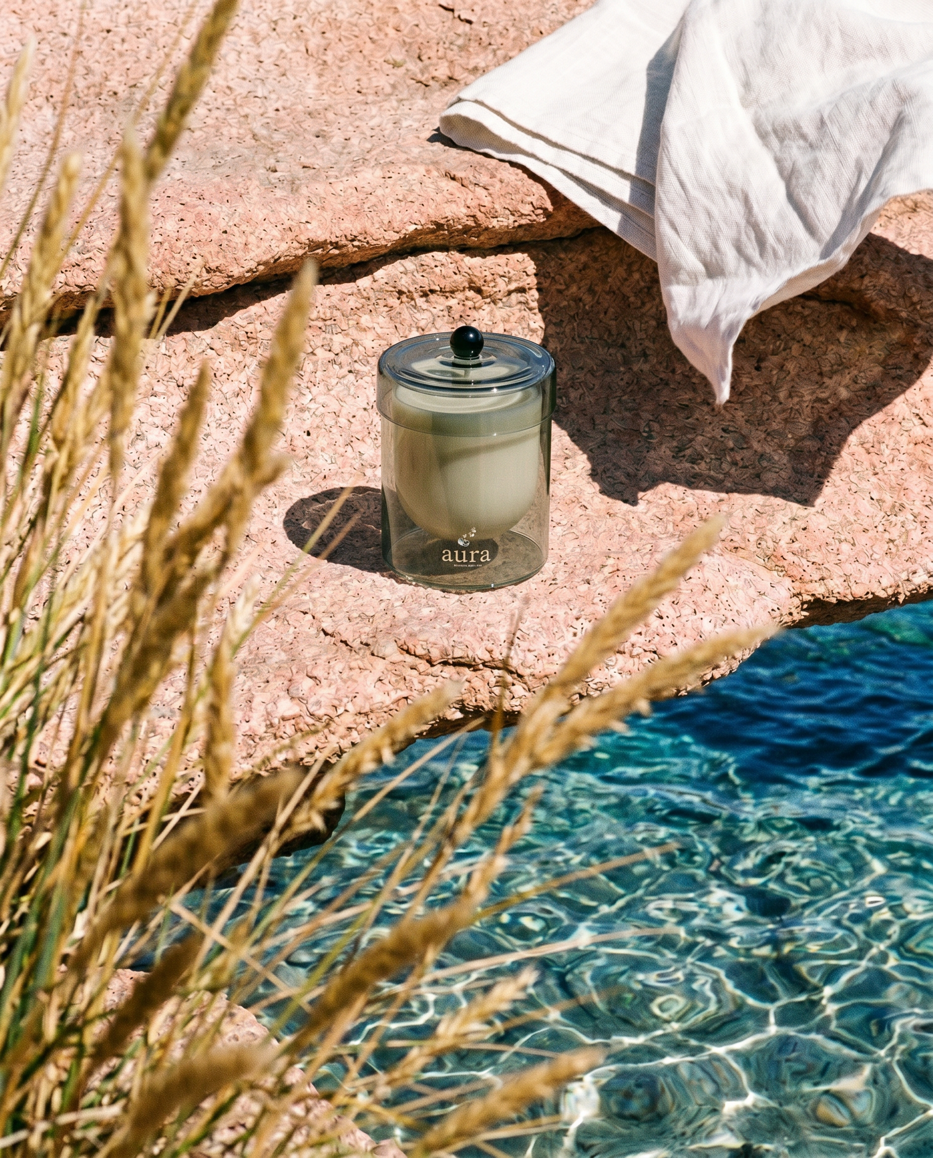 Maddalena scented candle styled in a Mediterranean coastal interior