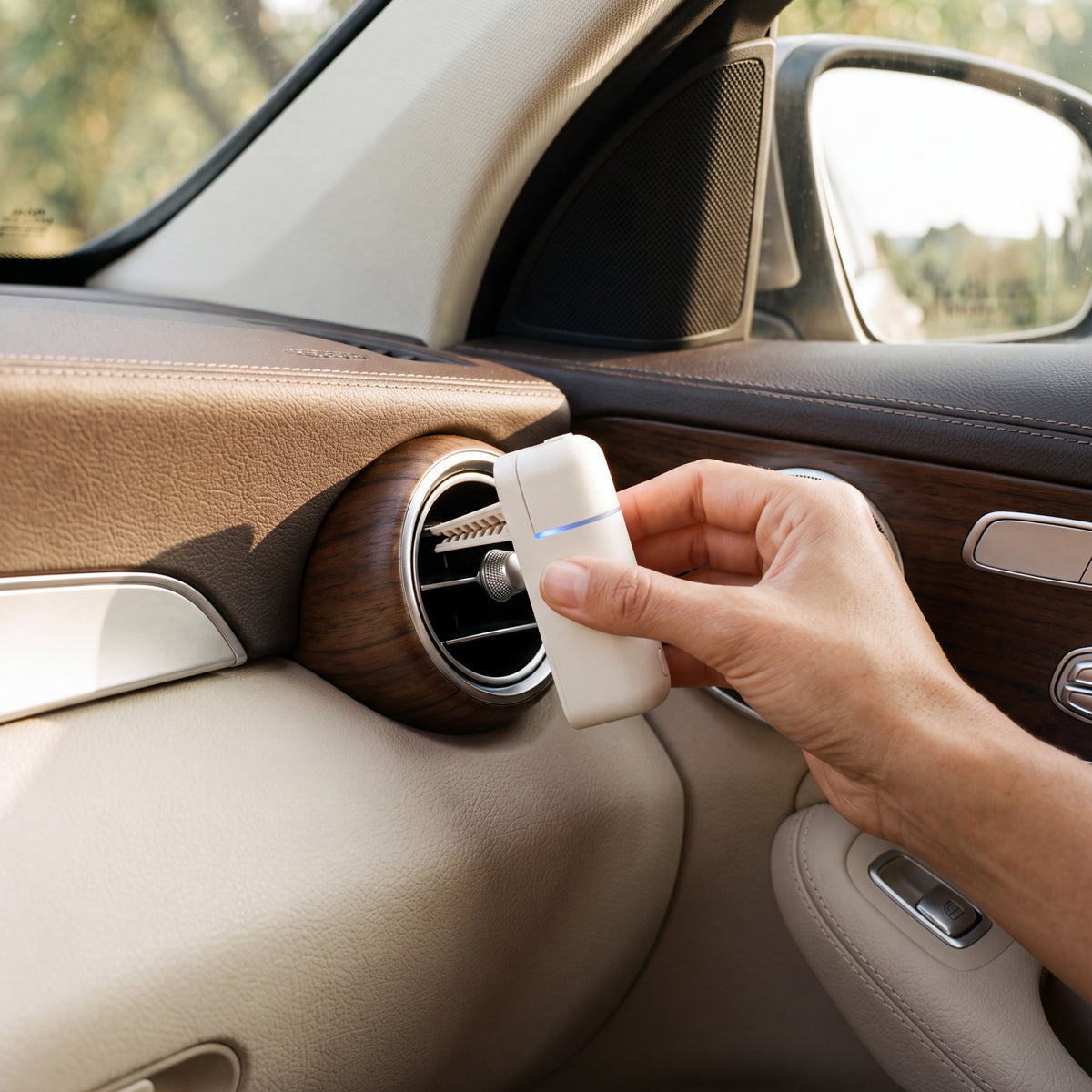 Hands fitting the white AURA Strada into the car air vent