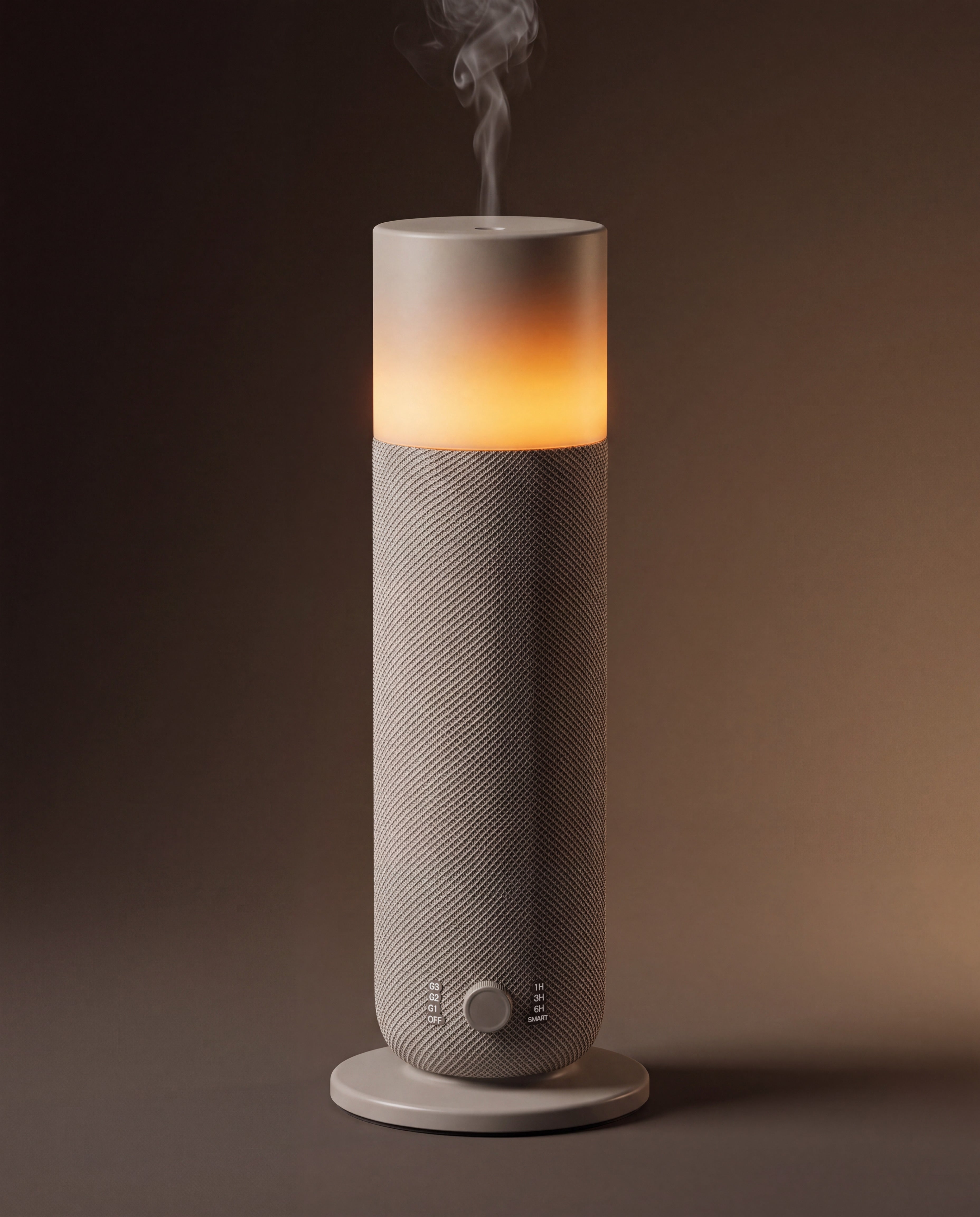 Three-quarter detail of the AURA Lumière woven fabric body and candle-like glow
