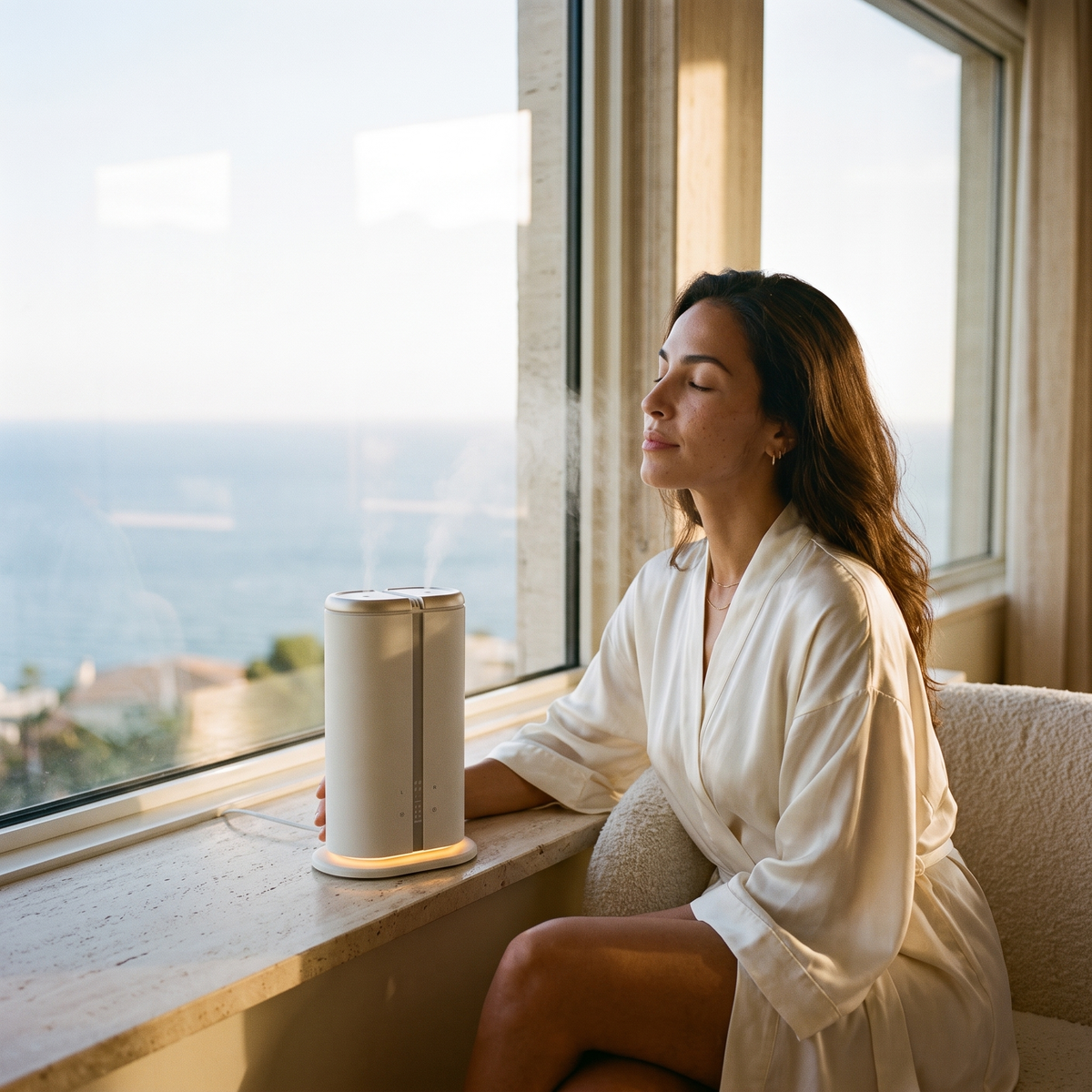 Woman enjoying the AURA Duetto at home — sensorial moment