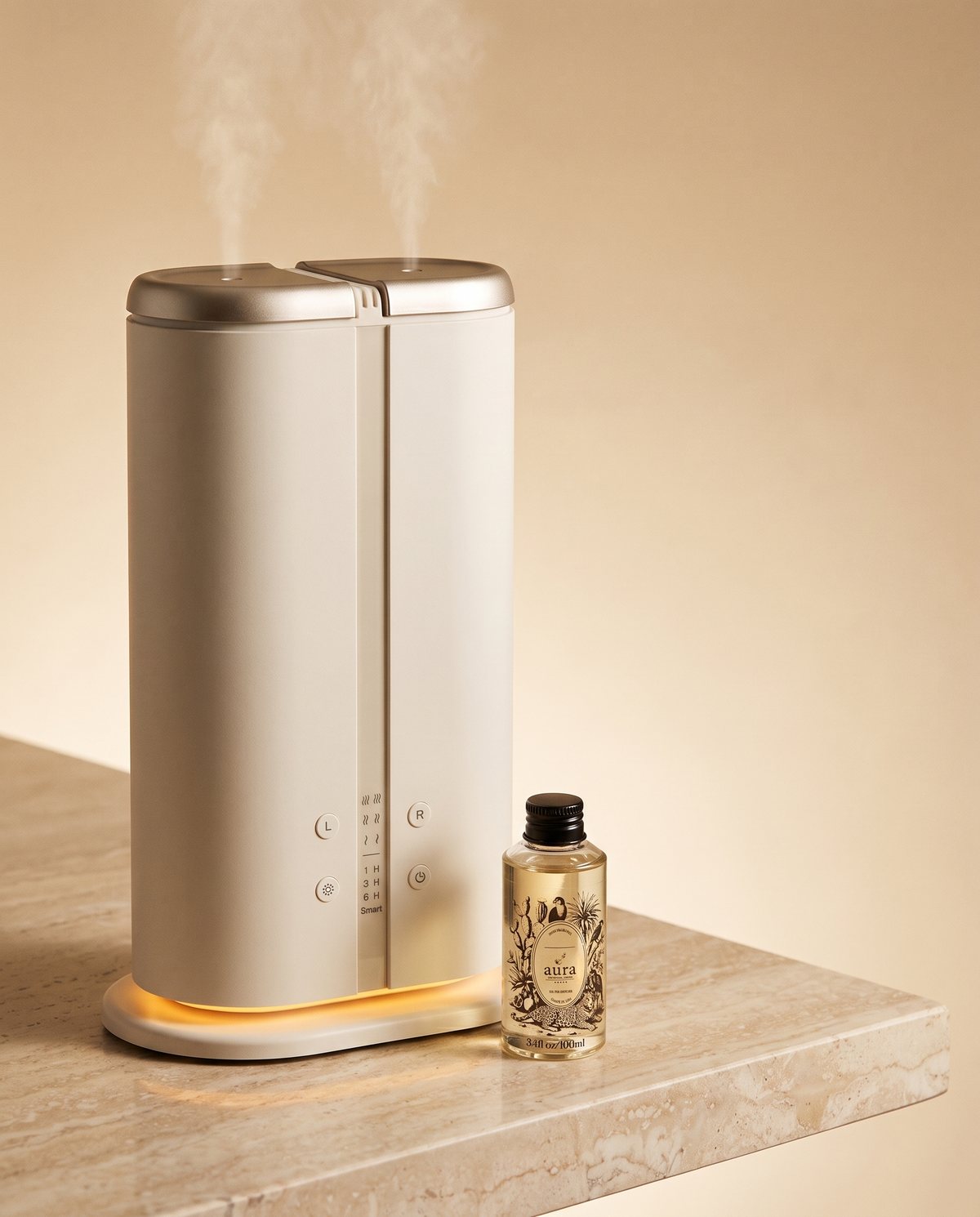 AURA Duetto with an Aura fragrance oil bottle — works with every Aura oil