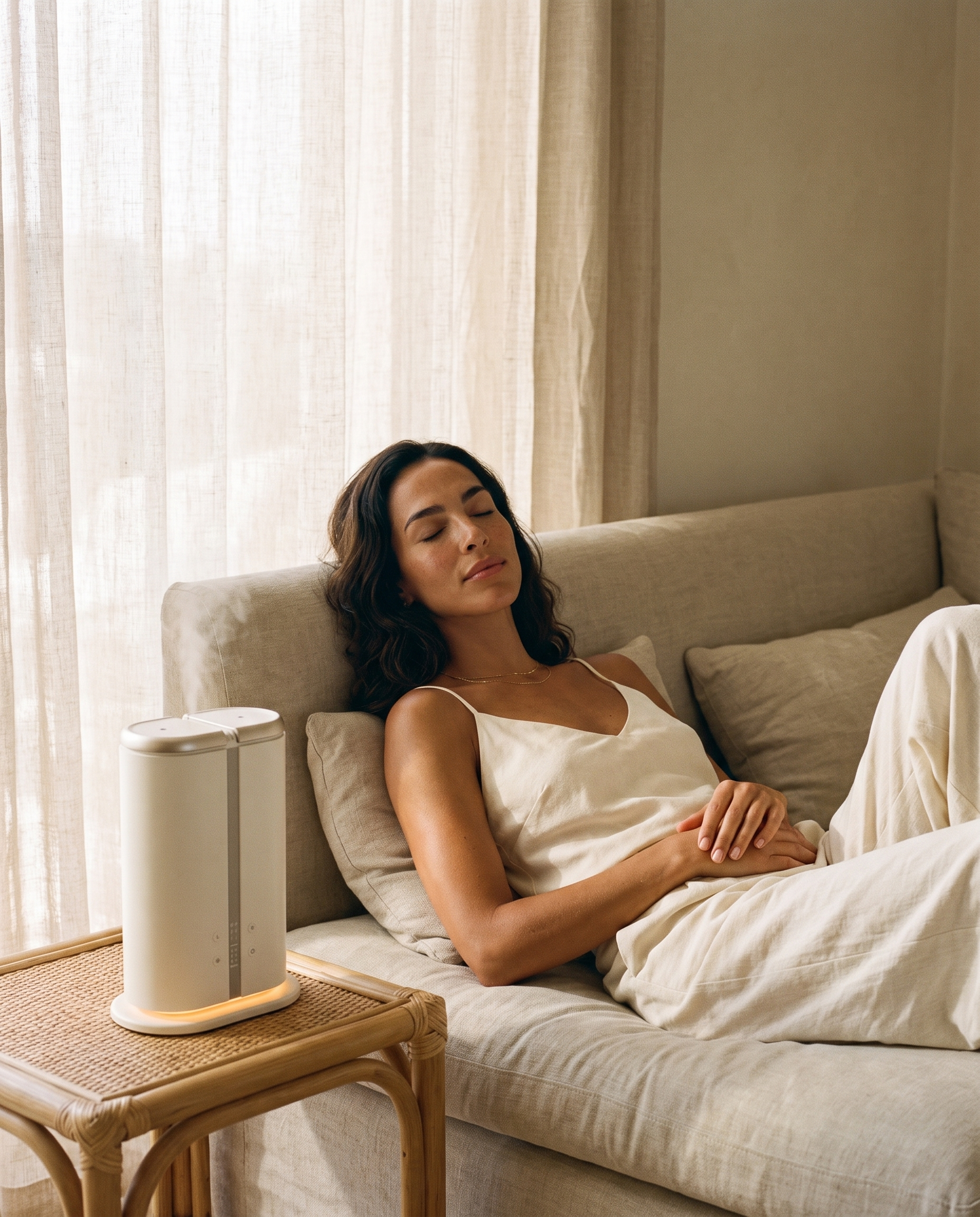 Woman relaxing on a cream sofa with the AURA Duetto diffuser