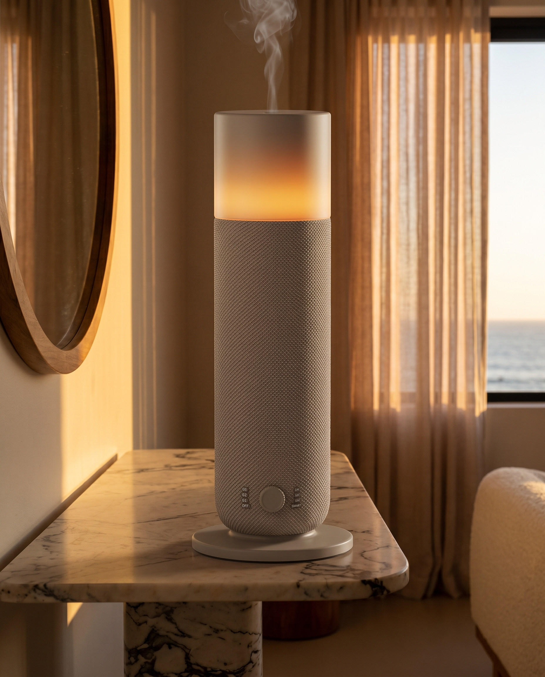 AURA Lumière in a Mediterranean living room at dusk