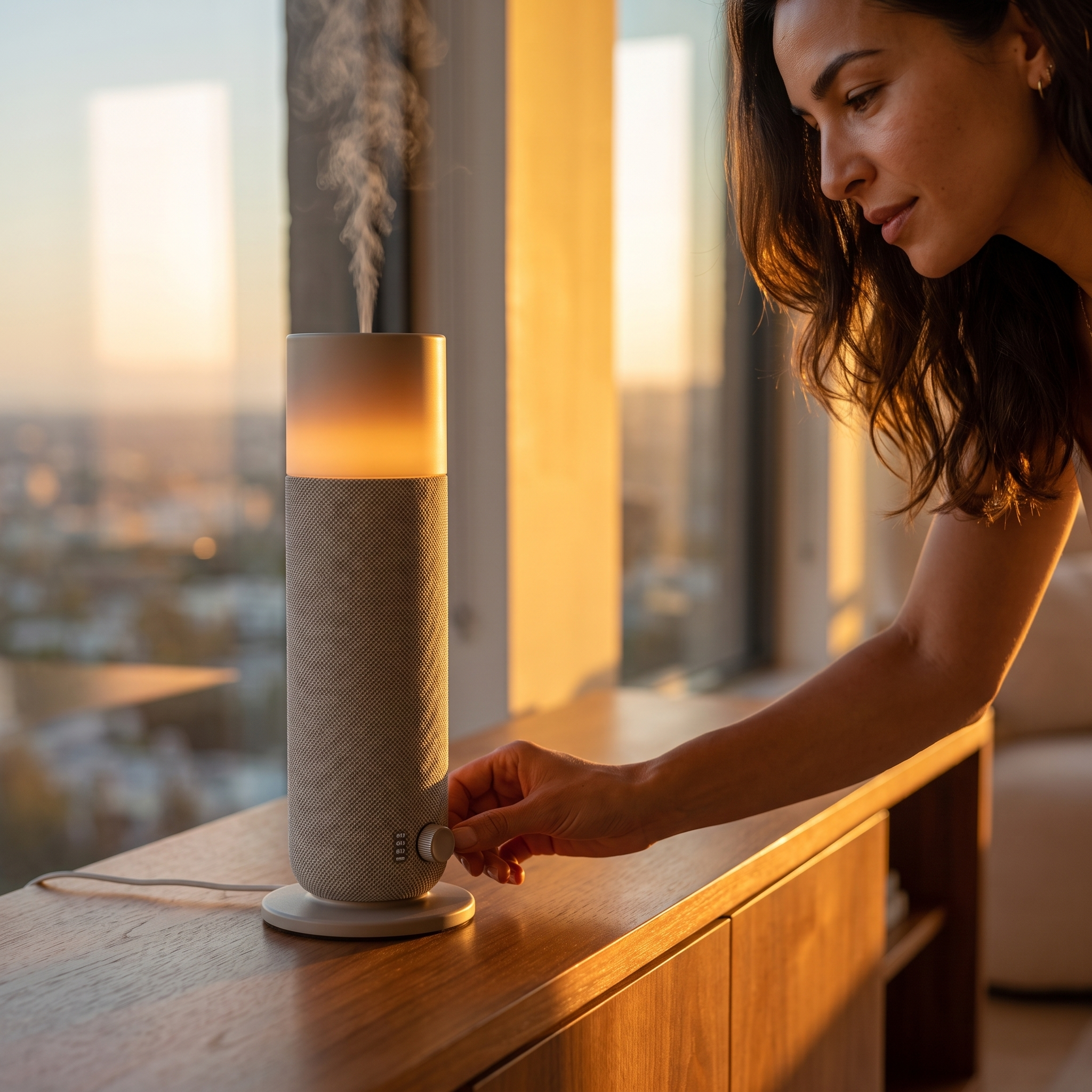 A woman turns the dial of the AURA Lumière ambient diffuser at sunset
