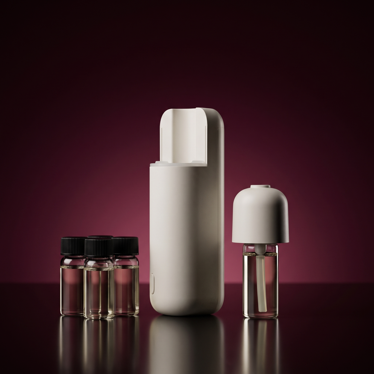 White AURA Strada with its six aroma vials, swap the scent in seconds