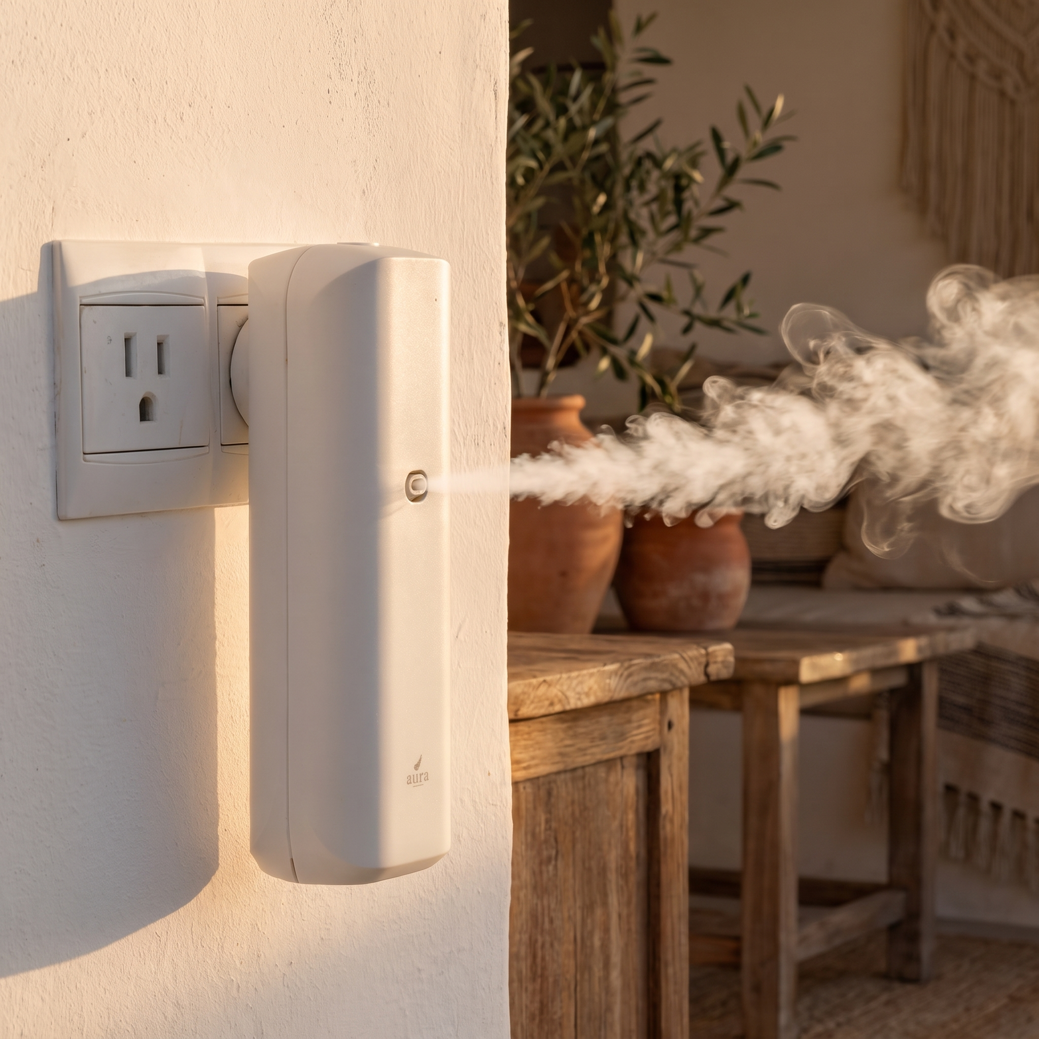 AURA Plug-In plugged into a US wall outlet in a living room