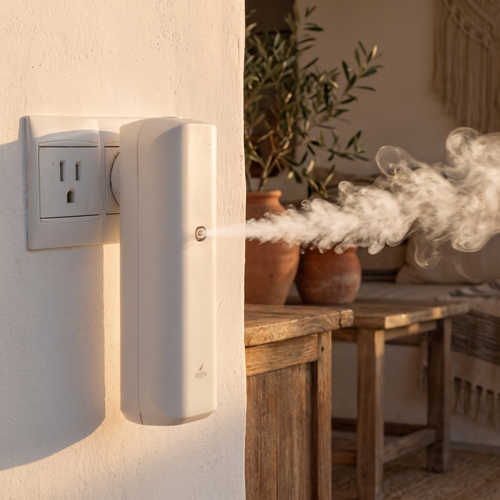AURA Plug-In plugged into a US wall outlet in a living room