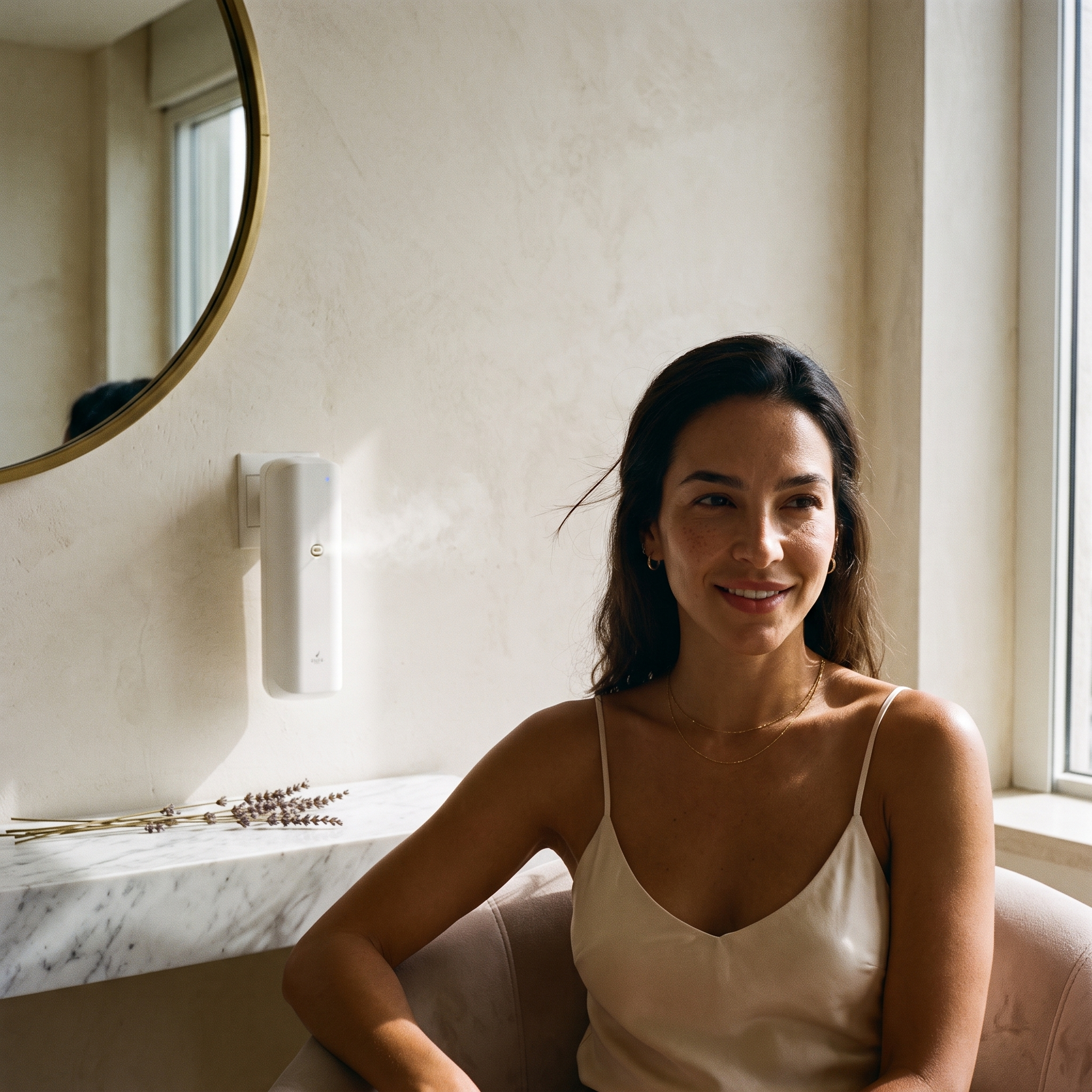 Woman at home with the AURA Plug-In diffuser