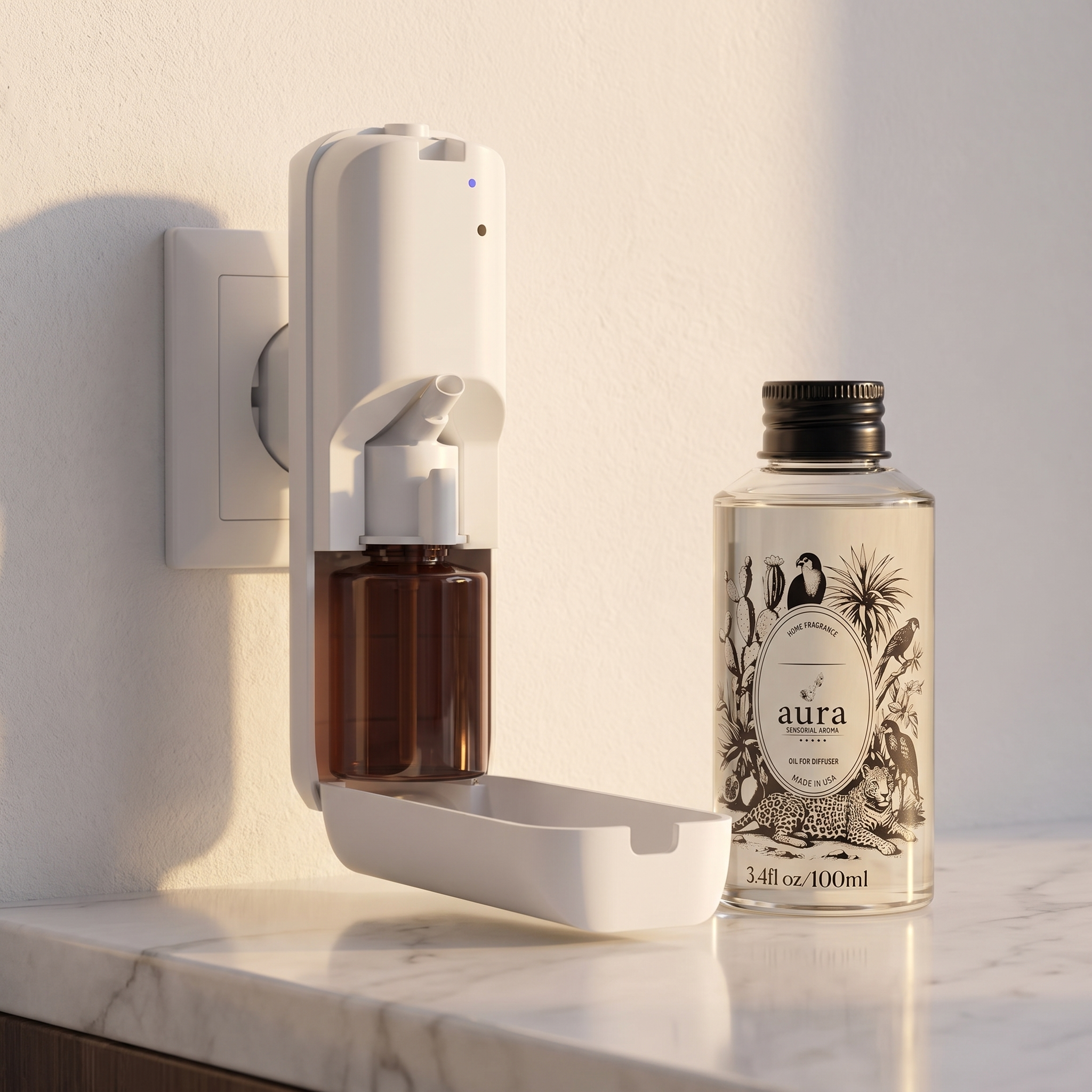 AURA Plug-In with the 100 ml Aura fragrance oil bottle