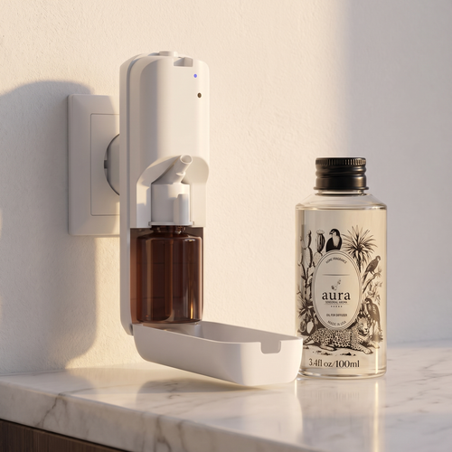 AURA Plug-In with the 100 ml Aura fragrance oil bottle