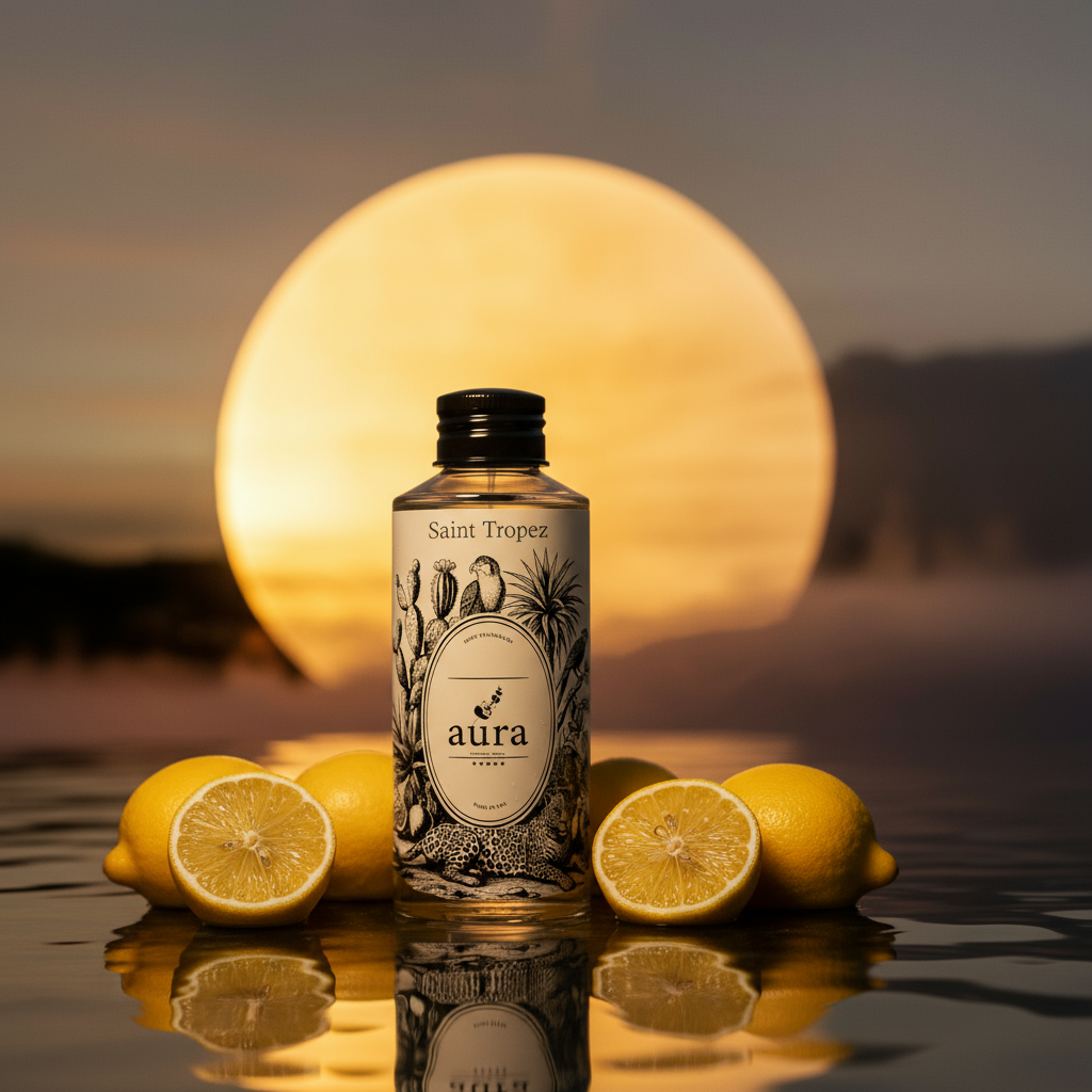 Saint Tropez Sunset sailing in St. Tropez, golden light over calm waters, warm rosewood deck, citrus breeze, and smoky vetiver ambiance captured in a refined coastal fragrance mood.